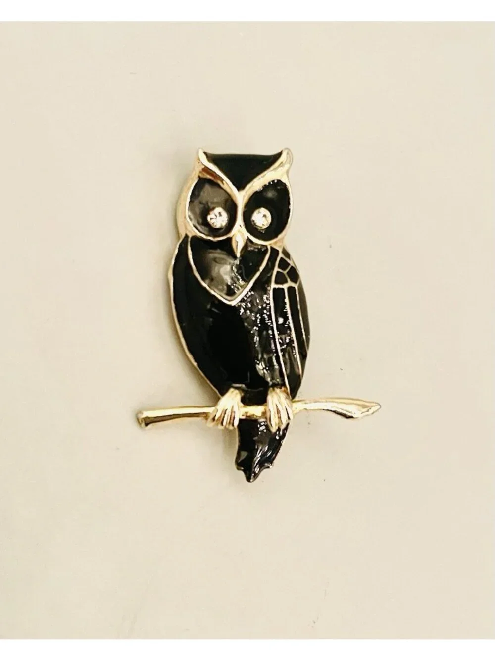 Vintage Owl Brooch Black Enamel Gold Tone Rhinestones Simple Retro